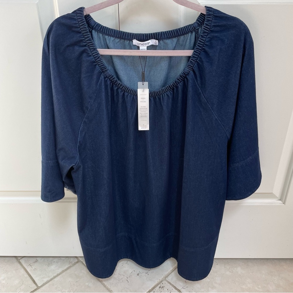 NWT Chico’s Dark Wash Denim Stretch Convertible Popover Swing 3/4 Sleeve Top
